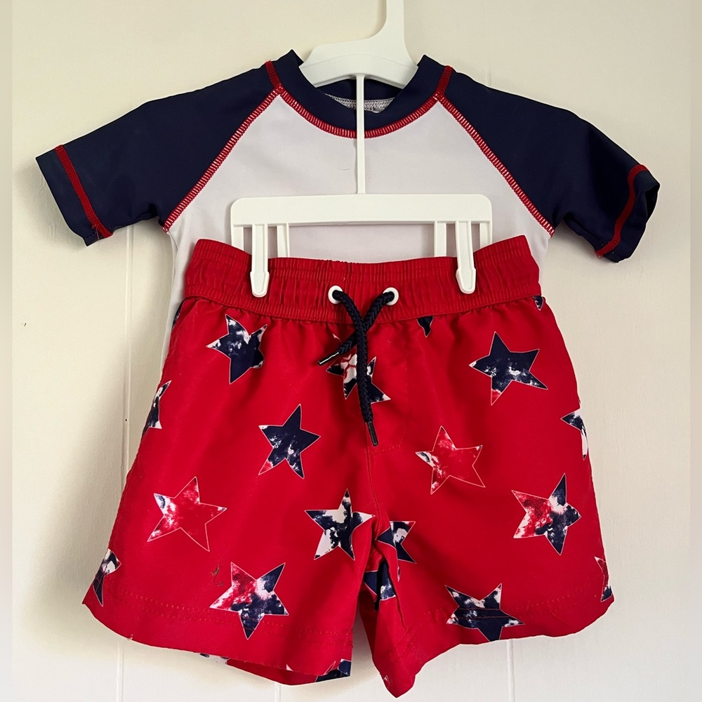 Tommy Bahama White Red Stars Print 2 Piece Rash Guard Swim Trunk Set Toddler 24M